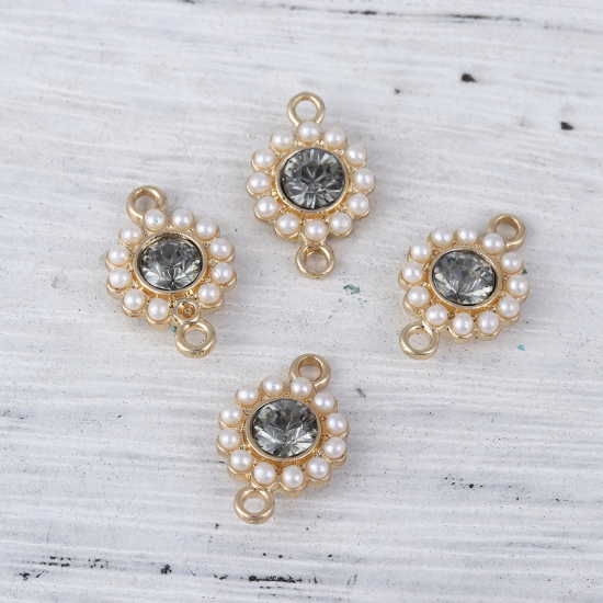Immagine di Lega di Zinco Stile del Carattere della Corte Reale Connettore Accessori Tondo Oro Placcato Bianco Imitata Perla Grigio Strass 17mm x 11mm, 5 Pz