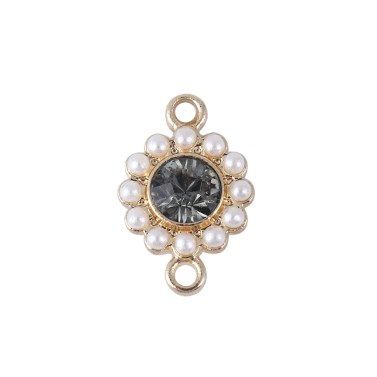 Immagine di Lega di Zinco Stile del Carattere della Corte Reale Connettore Accessori Tondo Oro Placcato Bianco Imitata Perla Grigio Strass 17mm x 11mm, 5 Pz