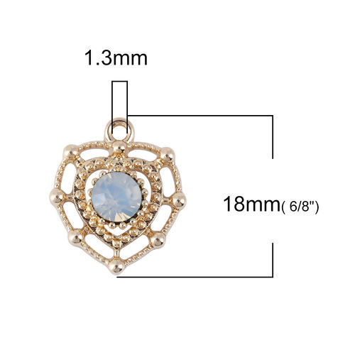 Picture of Zinc Based Alloy Style Of Royal Court Character Charms Heart Gold Plated Light Blue Rhinestone 18mm( 6/8") x 15mm( 5/8"), 10 PCs