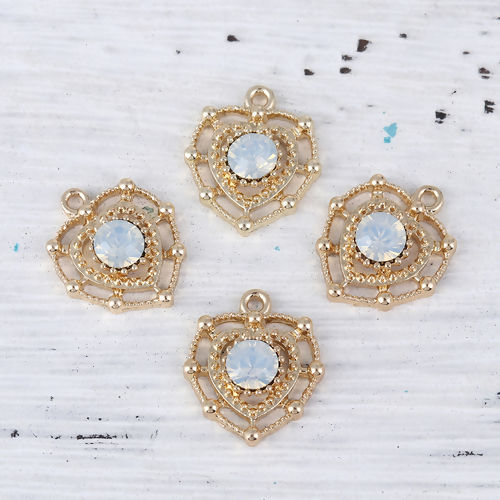 Picture of Zinc Based Alloy Style Of Royal Court Character Charms Heart Gold Plated Light Blue Rhinestone 18mm( 6/8") x 15mm( 5/8"), 10 PCs