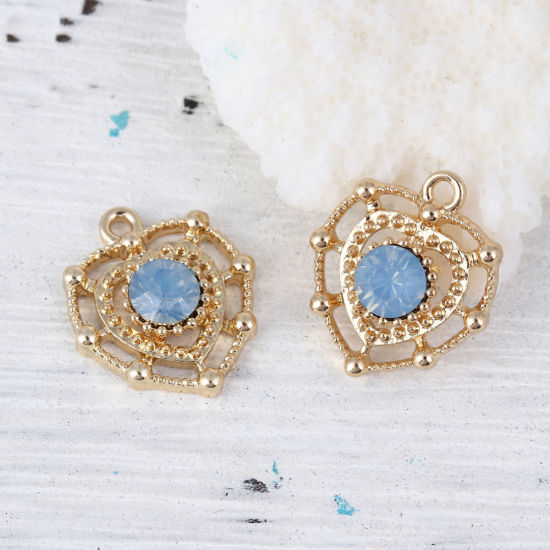 Picture of Zinc Based Alloy Style Of Royal Court Character Charms Heart Gold Plated Light Blue Rhinestone 18mm( 6/8") x 15mm( 5/8"), 10 PCs