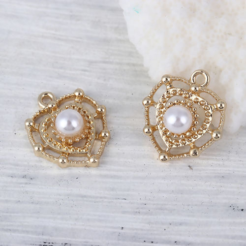 Picture of Zinc Based Alloy Style Of Royal Court Character Charms Heart Gold Plated White Imitation Pearl 18mm( 6/8") x 15mm( 5/8"), 10 PCs