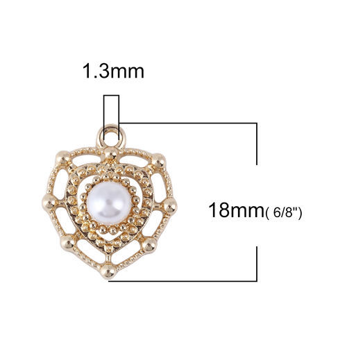 Picture of Zinc Based Alloy Style Of Royal Court Character Charms Heart Gold Plated White Imitation Pearl 18mm( 6/8") x 15mm( 5/8"), 10 PCs