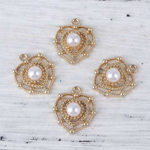 Picture of Zinc Based Alloy Style Of Royal Court Character Charms Heart Gold Plated White Imitation Pearl 18mm( 6/8") x 15mm( 5/8"), 10 PCs