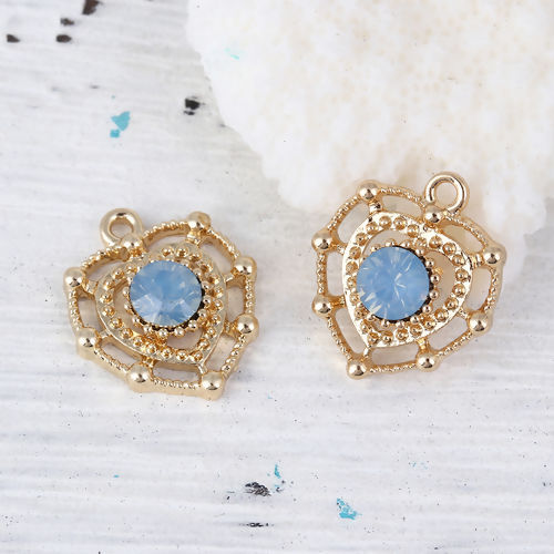 Picture of Zinc Based Alloy Style Of Royal Court Character Charms Heart Gold Plated Blue Rhinestone 18mm( 6/8") x 15mm( 5/8"), 10 PCs
