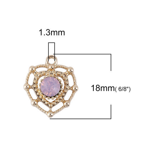 Picture of Zinc Based Alloy Style Of Royal Court Character Charms Heart Gold Plated Pink Rhinestone 18mm( 6/8") x 15mm( 5/8"), 10 PCs