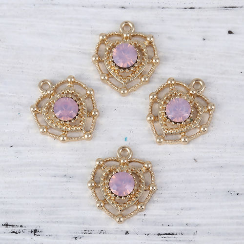 Picture of Zinc Based Alloy Style Of Royal Court Character Charms Heart Gold Plated Pink Rhinestone 18mm( 6/8") x 15mm( 5/8"), 10 PCs