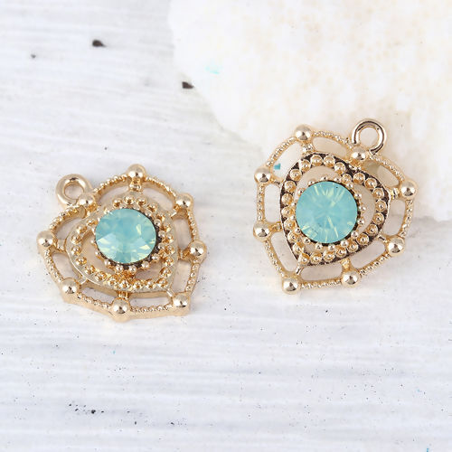 Picture of Zinc Based Alloy Style Of Royal Court Character Charms Heart Gold Plated Green Rhinestone 18mm( 6/8") x 15mm( 5/8"), 10 PCs
