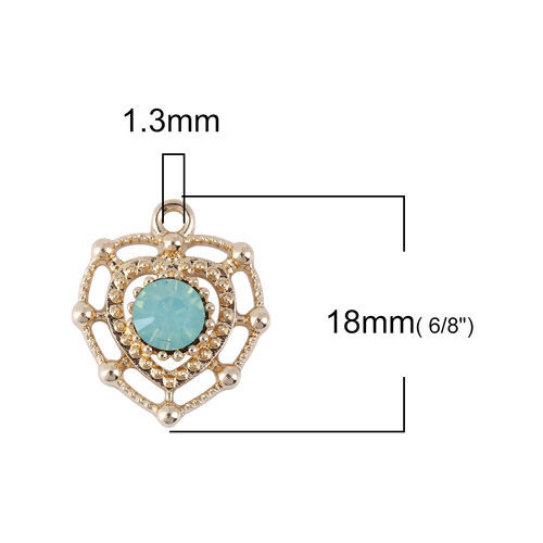 Picture of Zinc Based Alloy Style Of Royal Court Character Charms Heart Gold Plated Green Rhinestone 18mm( 6/8") x 15mm( 5/8"), 10 PCs