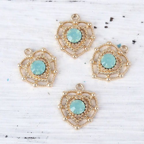 Picture of Zinc Based Alloy Style Of Royal Court Character Charms Heart Gold Plated Green Rhinestone 18mm( 6/8") x 15mm( 5/8"), 10 PCs