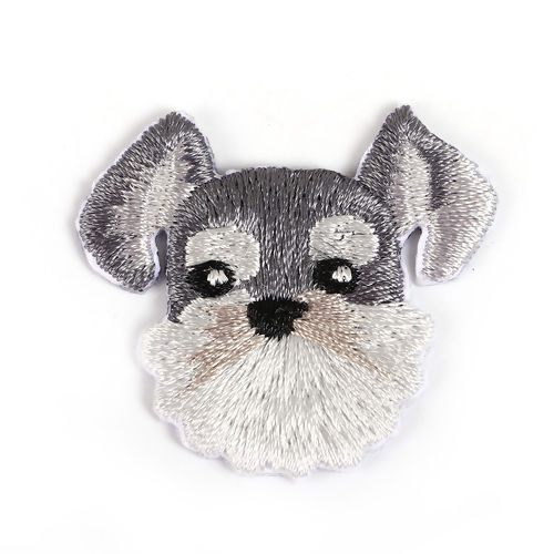 Picture of Polyester Iron On Embroidered Patches (With Glue Back) Craft Schnauzer Animal Gray 38mm(1 4/8") x 35mm(1 3/8"), 1 Piece
