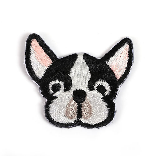 Picture of Polyester Iron On Embroidered Patches (With Glue Back) Craft Bulldog Animal Black 40mm(1 5/8") x 34mm(1 3/8"), 1 Piece