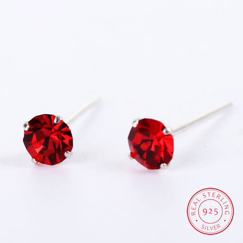 Picture of Sterling Silver Ear Post Stud Earrings Silver Round Red Rhinestone 13mm( 4/8") x 4mm( 1/8"), Post/ Wire Size: (22 gauge), 1 Pair