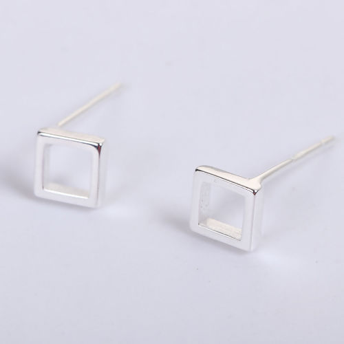Picture of Sterling Silver Ear Post Stud Earrings Silver Square 5mm( 2/8") x 5mm( 2/8"), Post/ Wire Size: (21 gauge), 1 Pair