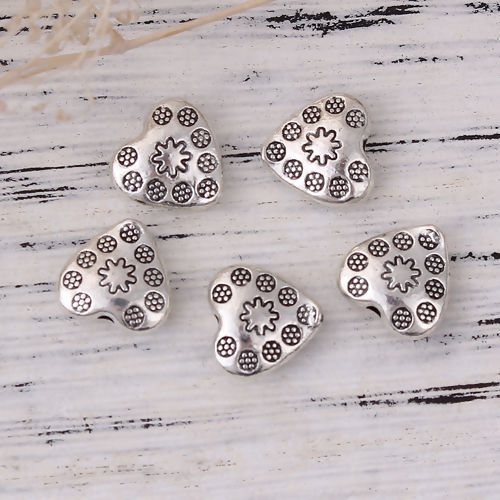 Picture of Zinc Based Alloy Metal Beads Heart Antique Silver Color Flower 11mm x 10mm, Hole: Approx 1.7mm, 50 PCs