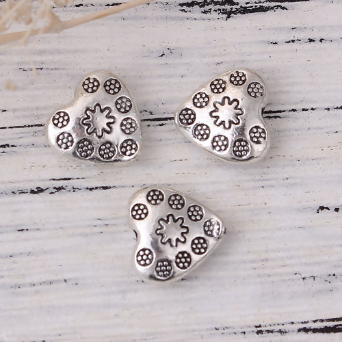 Picture of Zinc Based Alloy Metal Beads Heart Antique Silver Color Flower 11mm x 10mm, Hole: Approx 1.7mm, 50 PCs