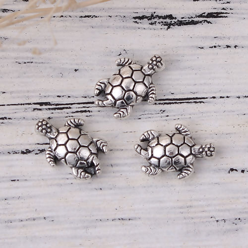 Picture of Zinc Based Alloy Metal Beads Tortoise Animal Antique Silver Color 13mm x 9mm, Hole: Approx 1.5mm, 100 PCs