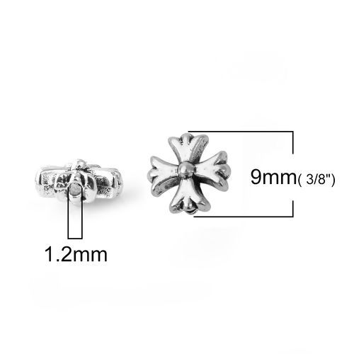 Image de Perles en Alliage de Zinc Croix Argent Vieilli 9mm x 8mm, Taille de Trou: 1.2mm, 100 Pcs