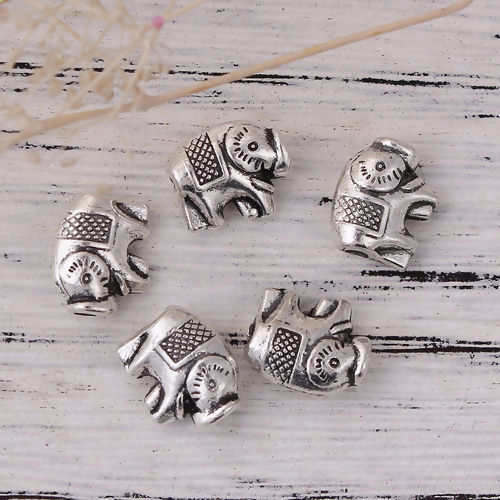 Picture of Zinc Based Alloy Metal Beads Elephant Animal Antique Silver Color 11mm x 9mm, Hole: Approx 2.1mm, 50 PCs