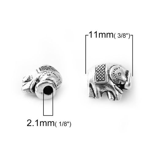Picture of Zinc Based Alloy Metal Beads Elephant Animal Antique Silver Color 11mm x 9mm, Hole: Approx 2.1mm, 50 PCs