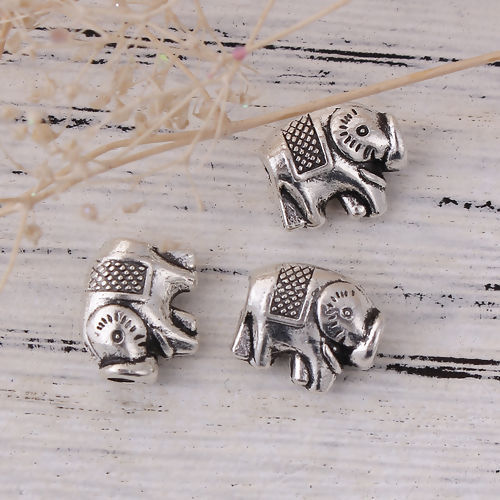 Picture of Zinc Based Alloy Metal Beads Elephant Animal Antique Silver Color 11mm x 9mm, Hole: Approx 2.1mm, 50 PCs