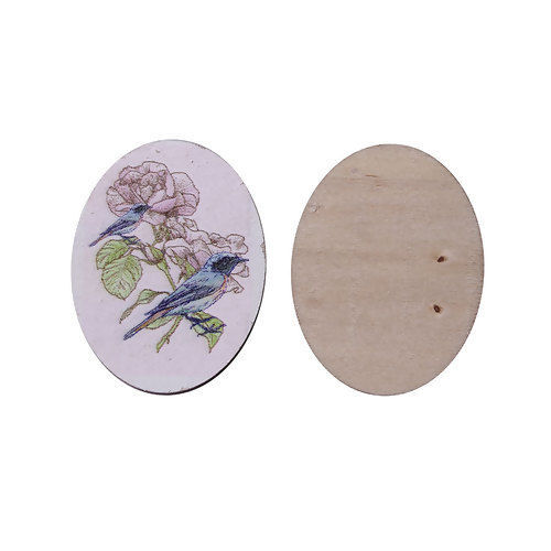 Picture of Wood Embellishments Scrapbooking Oval Multicolor Bird & Flower Pattern 40mm(1 5/8") x 30mm(1 1/8"), 5 PCs