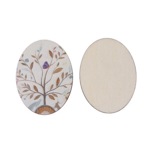 Picture of Natural Wood Embellishments Scrapbooking Oval Multicolor Tree & Butterfly Pattern 40mm(1 5/8") x 30mm(1 1/8"), 5 PCs