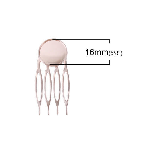 Picture of Brass & Iron Based Alloy Hair Clips Findings Round Light Rose Gold Cabochon Settings (Fits 16mm Dia.) 47mm x 21mm, 10 PCs