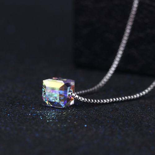 Picture of Brass & Glass AB Rainbow Color Aurora Borealis Necklace Cube Silver Tone 41.5cm(16 3/8") long, 1 Piece                                                                                                                                                        