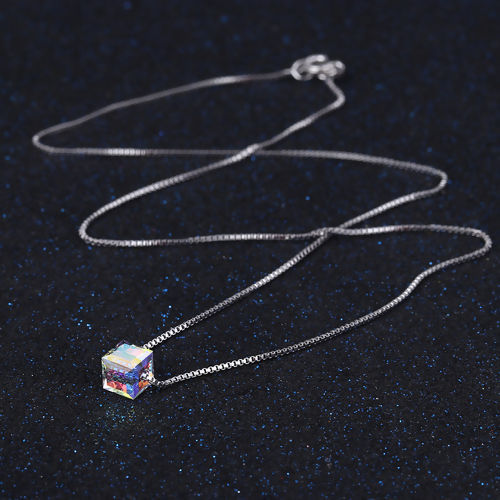 Picture of Brass & Glass AB Rainbow Color Aurora Borealis Necklace Cube Silver Tone 41.5cm(16 3/8") long, 1 Piece                                                                                                                                                        