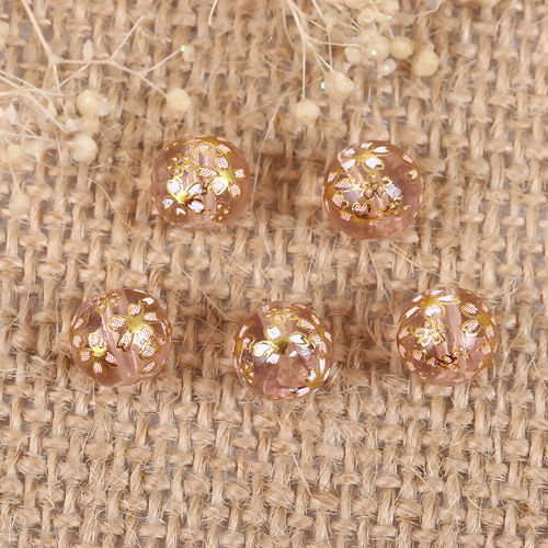 Picture of Glass Japan Painting Vintage Japanese Tensha Beads Round Light Pink Sakura Flower Pattern Transparent About 8mm Dia, Hole: Approx 1.2mm, 5 PCs