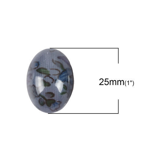 Picture of Resin Dome Seals Cabochon Oval Dark Gray Flower Pattern 25mm(1") x 18mm( 6/8"), 20 PCs