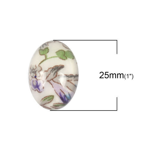 Picture of Resin Dome Seals Cabochon Oval White Flower Pattern 25mm(1") x 18mm( 6/8"), 20 PCs