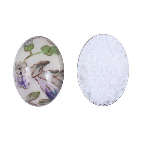 Picture of Resin Dome Seals Cabochon Oval White Flower Pattern 25mm(1") x 18mm( 6/8"), 20 PCs