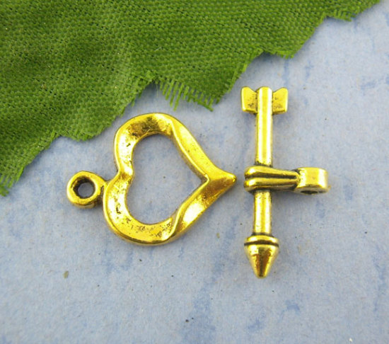 Picture of Zinc Based Alloy Toggle Clasps Arrow Heart Gold Tone Antique Gold 19mm x8mm 16mm x13mm, 30 Sets