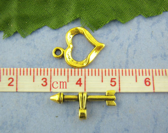 Picture of Zinc Based Alloy Toggle Clasps Arrow Heart Gold Tone Antique Gold 19mm x8mm 16mm x13mm, 30 Sets