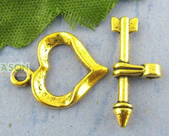 Picture of Zinc Based Alloy Toggle Clasps Arrow Heart Gold Tone Antique Gold 19mm x8mm 16mm x13mm, 30 Sets