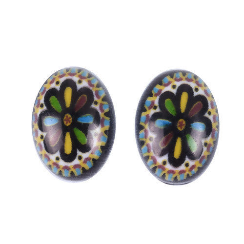 Picture of Resin Dome Seals Cabochon Oval Multicolor Flower Pattern 18mm( 6/8") x 13mm( 4/8"), 30 PCs