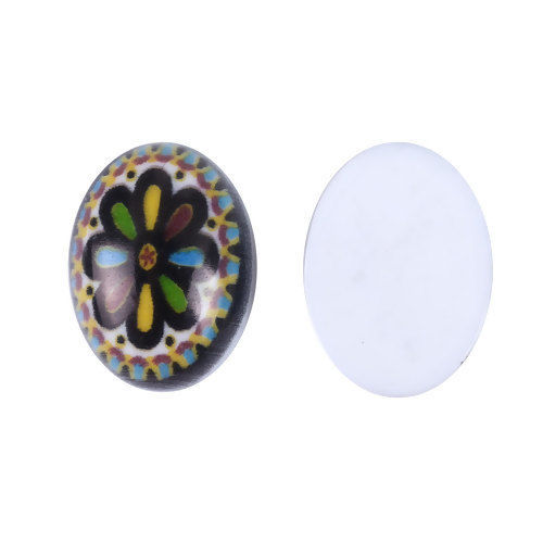 Picture of Resin Dome Seals Cabochon Oval Multicolor Flower Pattern 18mm( 6/8") x 13mm( 4/8"), 30 PCs