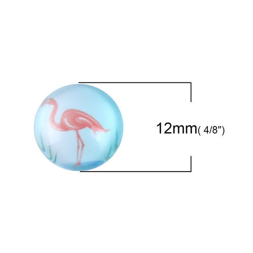 Bild von Glas Dom Cabochon Verzierung Rund Platt Hellblau Flamingo Muster 12mm D., 10 Stück