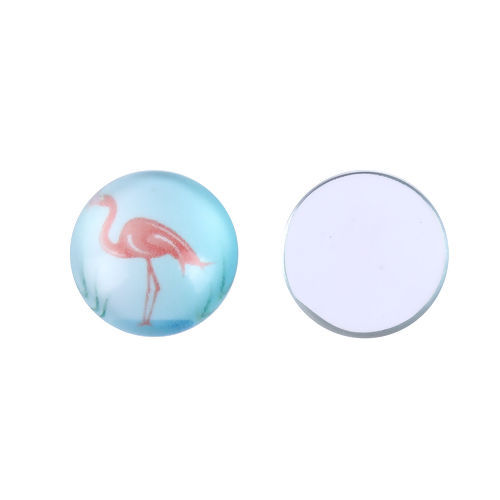 Bild von Glas Dom Cabochon Verzierung Rund Platt Hellblau Flamingo Muster 12mm D., 10 Stück