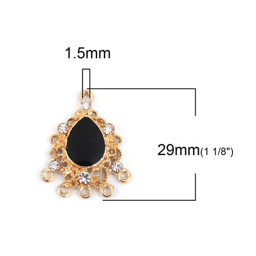 Picture of Zinc Based Alloy Chandelier Connectors Drop Gold Plated Black Enamel Clear Rhinestone 29mm x 23mm, 10 PCs