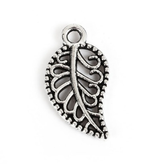 Picture of Zinc Based Alloy Charms Leaf Antique Silver Color Hollow 14mm( 4/8") x 8mm( 3/8"), 100 PCs