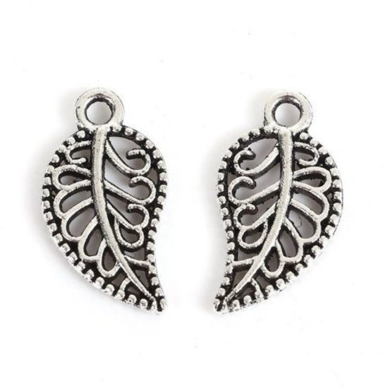 Picture of Zinc Based Alloy Charms Leaf Antique Silver Color Hollow 14mm( 4/8") x 8mm( 3/8"), 100 PCs