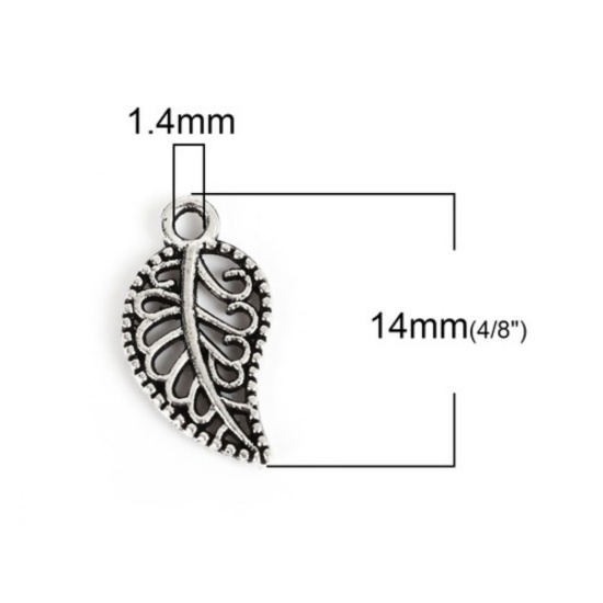 Picture of Zinc Based Alloy Charms Leaf Antique Silver Color Hollow 14mm( 4/8") x 8mm( 3/8"), 100 PCs