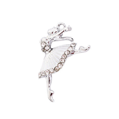 Picture of Zinc Based Alloy Charms Ballerina Silver Tone Clear Rhinestone White Enamel 28mm(1 1/8") x 18mm( 6/8"), 10 PCs