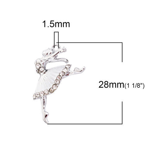 Picture of Zinc Based Alloy Charms Ballerina Silver Tone Clear Rhinestone White Enamel 28mm(1 1/8") x 18mm( 6/8"), 10 PCs