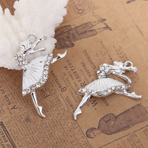 Picture of Zinc Based Alloy Charms Ballerina Silver Tone Clear Rhinestone White Enamel 28mm(1 1/8") x 18mm( 6/8"), 10 PCs