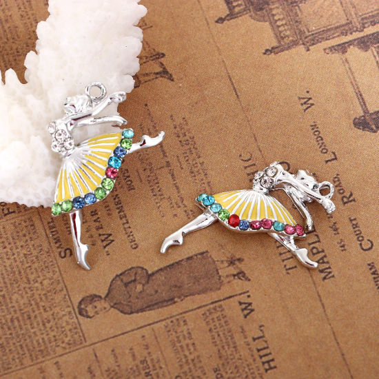 Picture of Zinc Based Alloy Charms Ballerina Silver Tone Clear Rhinestone White Enamel 28mm(1 1/8") x 18mm( 6/8"), 10 PCs