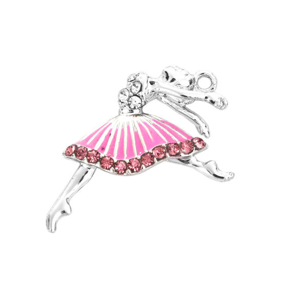 Picture of Zinc Based Alloy Charms Ballerina Silver Tone Clear Rhinestone White Enamel 28mm(1 1/8") x 18mm( 6/8"), 10 PCs